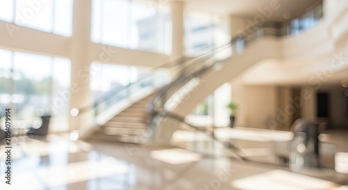 Blurred abstract background of modern hotel lobby with bright natural light and spacious interior.