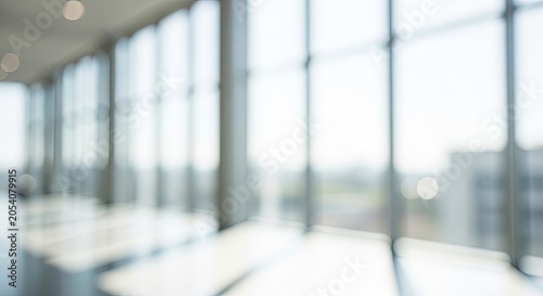 Blurred Modern Office Interior with Large Windows and Bright Light.