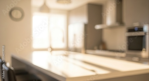Blurred Modern Kitchen Interior with Bright Window Light.