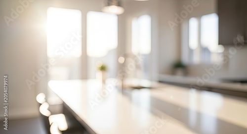 Blurred Bright Modern Kitchen Interior with Sunlight Streaming Through Windows.