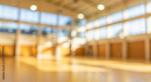 Blurred background of an empty modern sports hall with bright windows.