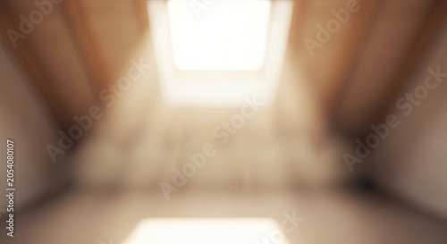 Abstract blurred view of a long corridor with a bright glowing light at the end.