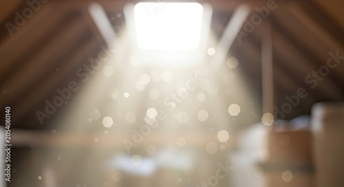 Dust particles illuminated by sunlight streaming through an attic window.