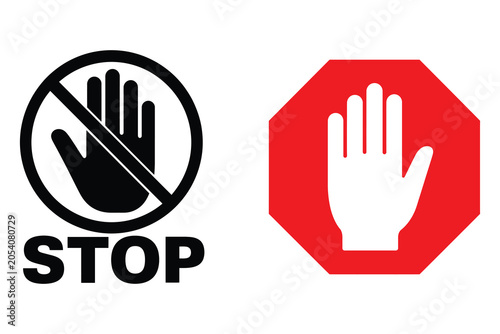 Foto Stop hand sign and octagonal road stop sign with prohibition octagonal forbidden