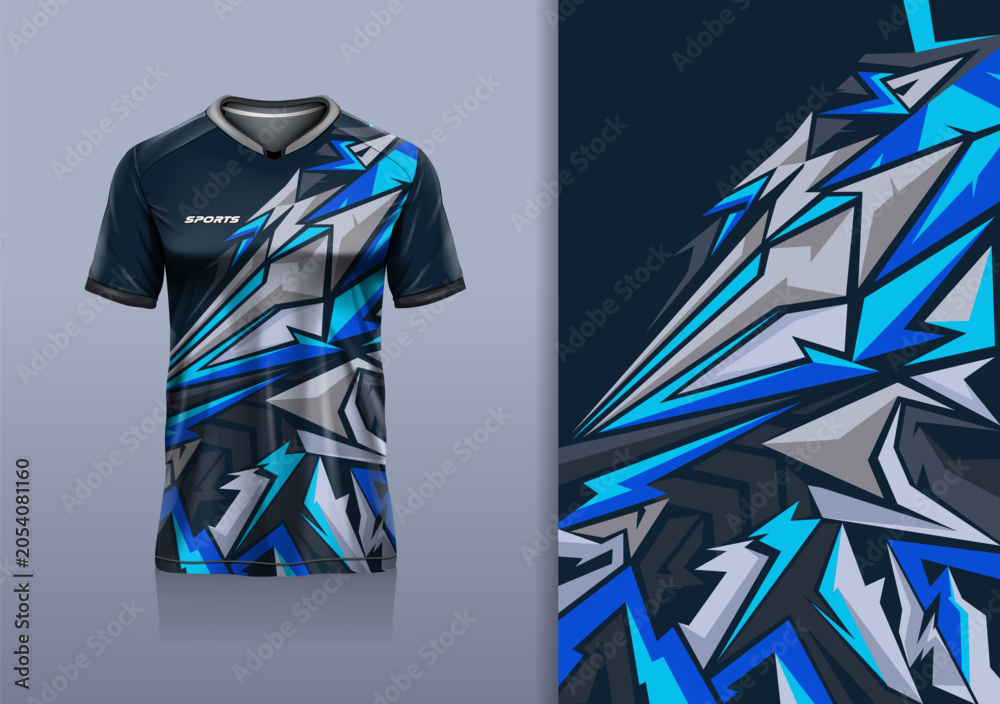 Obraz premium T-shirt mockup with abstract stripe line sport jersey design for football, soccer, racing, esports, running, in black blue gray color