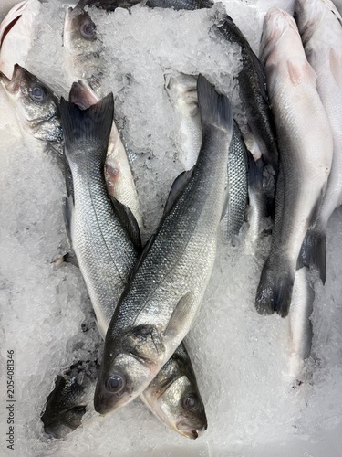 Konstfotografi Fresh fish on ice in market display for sale, showcasing seafood options availab
