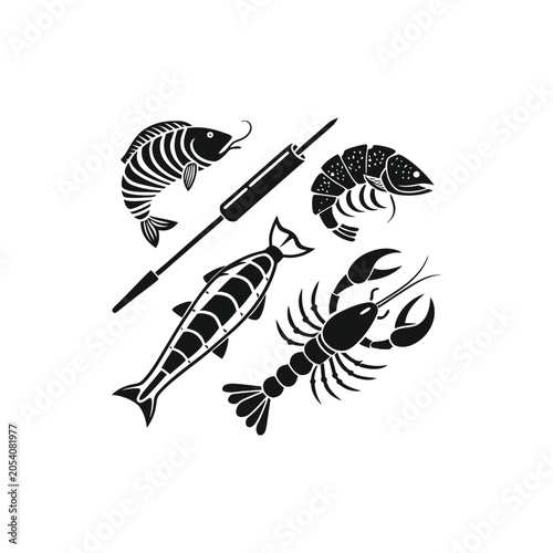 Seafood and Fishing Gear Silhouette Collection: Shrimp, Lobster, Fish, and Rod