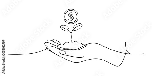 Hand holding plant growing money coin with dollar sign, one line drawing style