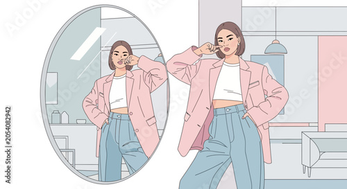 Confident Woman Checking Reflection in Mirror with Stylish Outfit