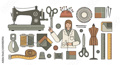 Vintage Sewing Tools and Tailor Illustration