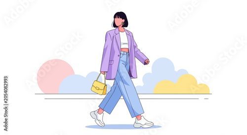 Professional Woman Walking with Handbag in Business Attire