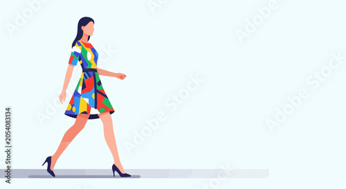 Colorful Dress Woman Walking Confidently on Street