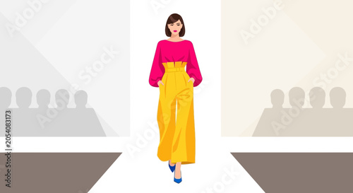 Fashion Model Walking Down Runway in Stylish Outfit