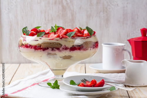Strawberry Tiramisu Trifle Dessert with Mascarpone Cream and Fresh Berries