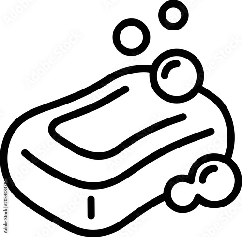 Hand drawn line art icon of a bar of soap with bubbles, clean hygiene concept
