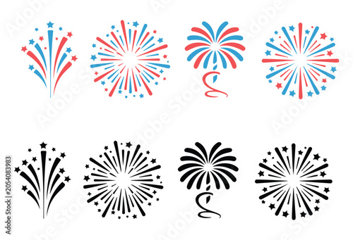 Fireworks Explosions in Red Blue and Black On a White background