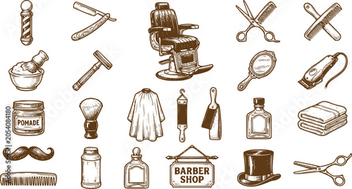 Tableau sur toile Barber Shop Vintage Icons Hand Drawn Grooming Tools Collection