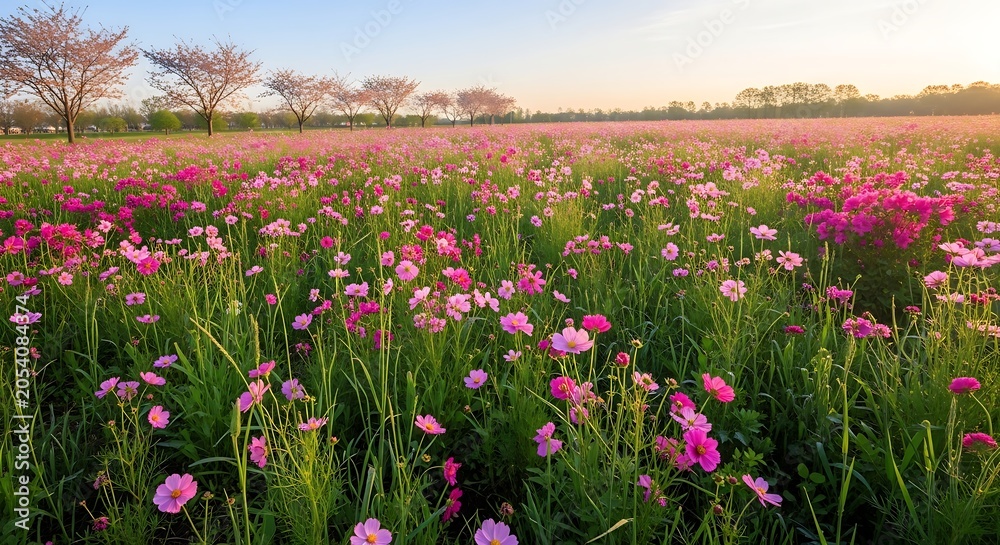Obraz premium Vibrant Pink Cosmos Blooming Across Open Meadow at Sunset