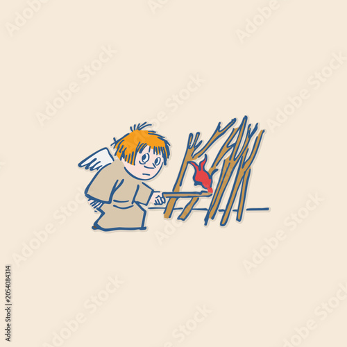 Bilde på lerret Pyromaniac angel lighting some sticks fire icon kid retro logo vintage illustrat