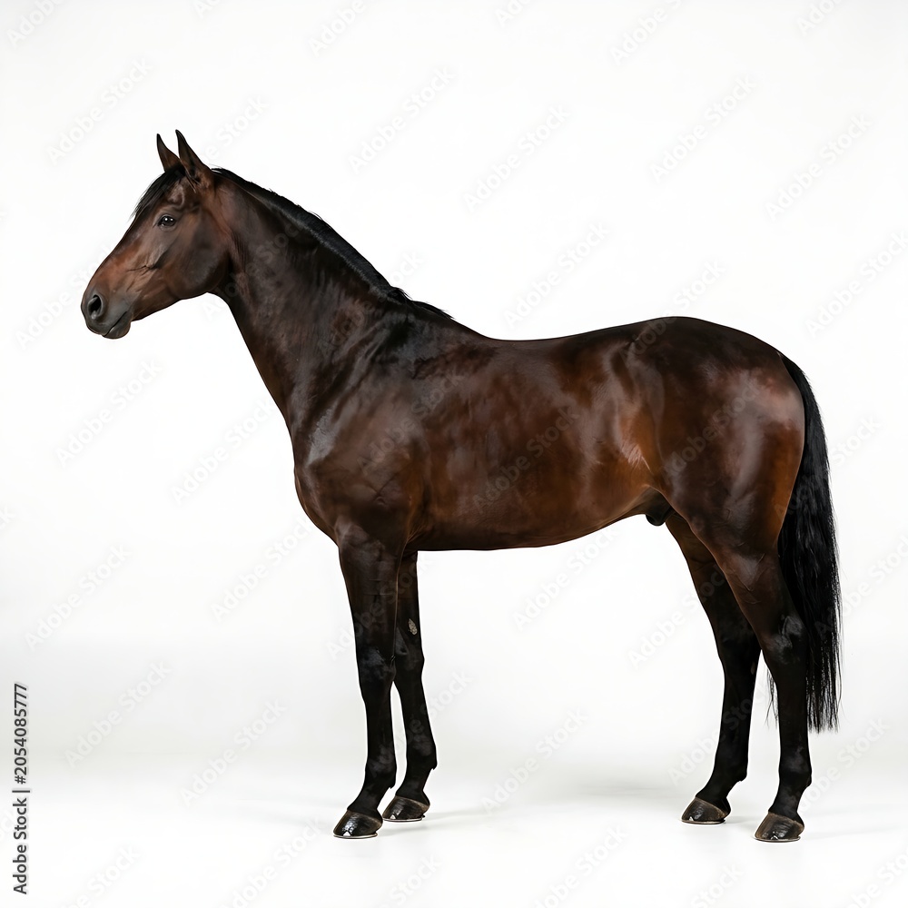 Obraz premium Full-body side profile of an elegant dark brown horse with black points standing on white background.