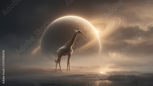 Surreal giraffe roaming a saturn-like planet with rings cosmic landscape digital art dreamy atmosphere gigapixel quality