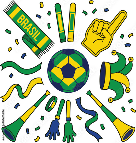 Brazil football fan carnival accessories with confetti vector illustration, soccer supporter equipment set isolated on white background
