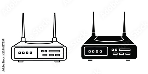 Wireless router icon with antennas in outline and solid black on white background for technology concept