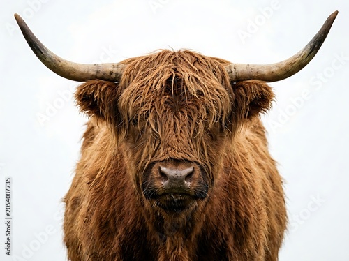 A rustic Scottish Highland bull with long hair covering its eyes, set on an isolated white background.