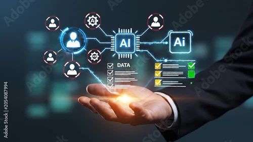 Professional presenting an innovative AI platform integrating data processing, machine learning, and automation for business optimization. Driving efficiency, strategic insights, and digital...
