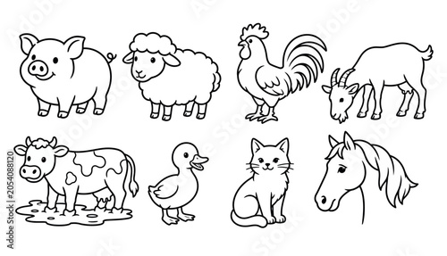 Fotografia Farm Animals Line Drawings.