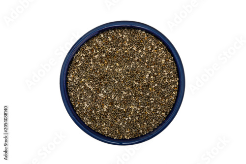 Chia seeds, Spanish sage in a bowl top view isolated