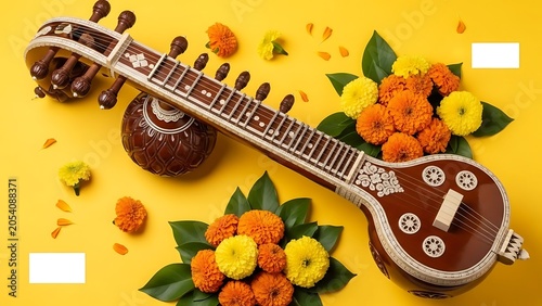 Indian Sitar Musical Instrument with Flowers on Yellow Background.