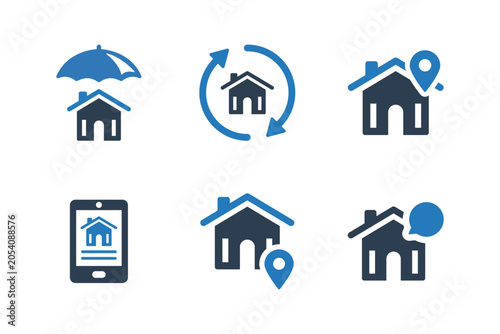 Blue house icons with insurance umbrella cycle arrow map pin smartphone and speech bubble on white
