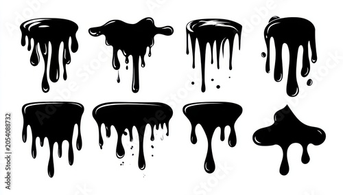 Dripping Black Ink Splatters: A collection of abstract, black ink splatters and drips, showcasing various forms and fluid motion, perfect for graphic design elements.