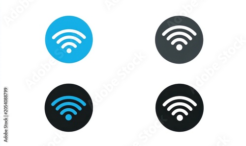 Wi-Fi Signal Icons: A collection of four distinct Wi-Fi signal icons in blue, dark gray, and black, representing wireless connectivity and internet access.