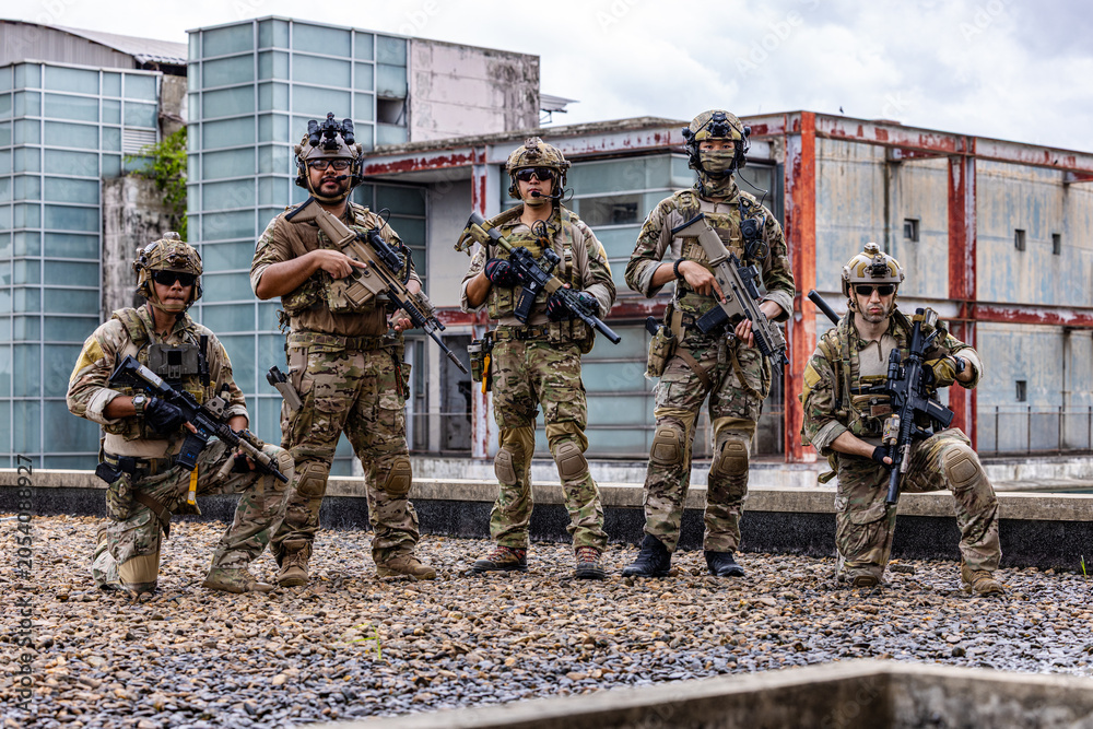 Fototapeta premium Operators Holding Rooftop Security in Urban AO
