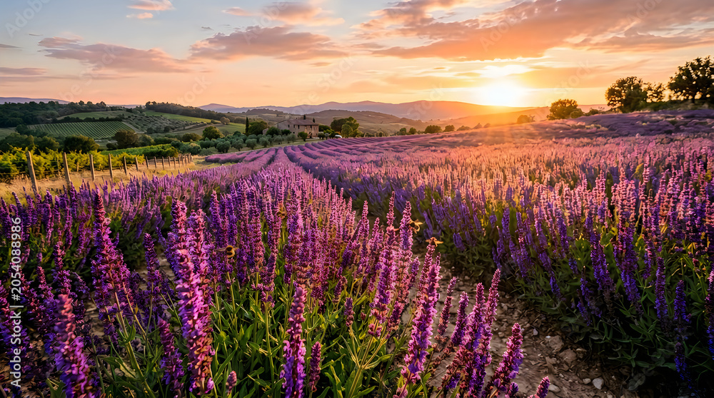 Obraz premium A vibrant landscape of purple lavender fields stretches toward a rustic stone farmhouse under a warm sunset