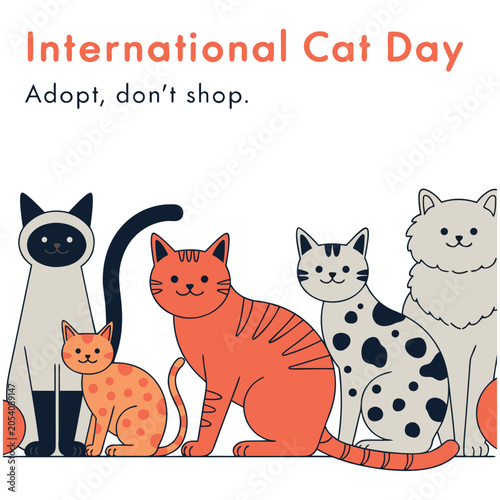 International Cat Day Pet Adoption Concept with Diverse Cat Breeds Vector Artwork