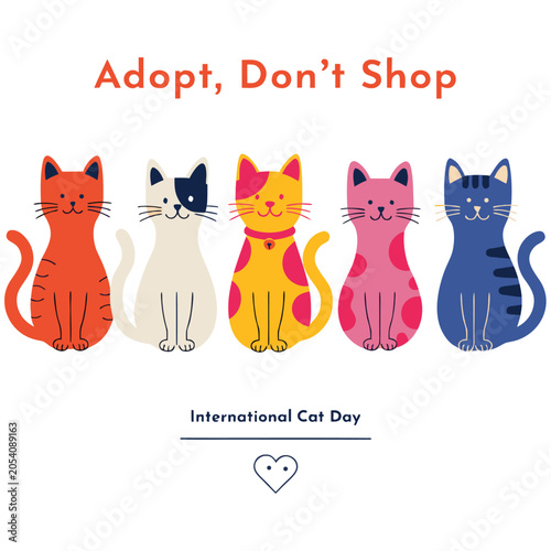 International Cat Day Pet Adoption Concept with Diverse Cat Breeds Vector Artwork