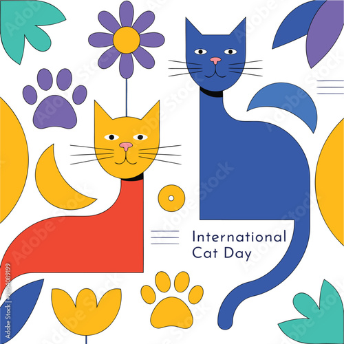 Happy International Cat Day Background with Cats Paw Prints and Floral Decorations