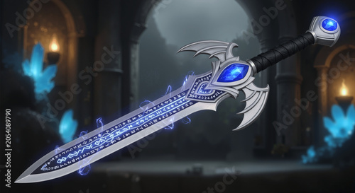 Fantasy sword with blue glowing runes and gemstones medieval mythical weapon for gaming or adventure magic glowing sword in dark mysterious castle