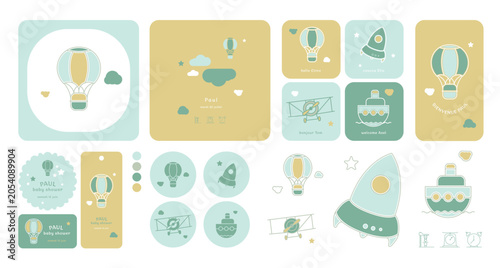 Ensemble graphique vectoriel pour célébrer l’arrivée d’un bébé. Comprend quatre illustrations adaptées aux invitations, faire-part, stickers, labels et projets de papeterie.