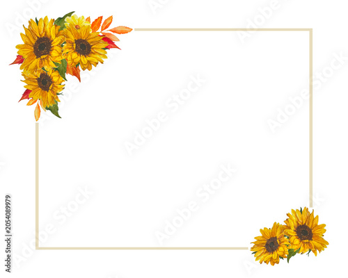 Watercolor autumn sunflower rectangular frame template