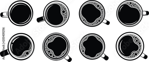 Americano coffee cup top view vector icon set with crema bubbles for cafe restaurant menu graphic template design.