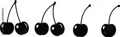 Sweet single and pair cherry berry fruit silhouette vector icon collection set with stem and shine for dessert design.