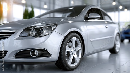 Sleek silver sedan parked in a modern, brightly lit car showroom