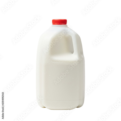 Pristine HDPE gallon plastic jug with fresh opaque white milk and a bright red cap, subtle condensation, on an infinity white background with a soft shadow. Concept for dairy advertising