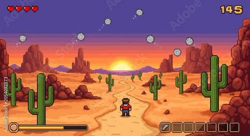 A cartoon character walks down a desert road surrounded by cacti towards a vibrant sunset with a purple sky and rocks.