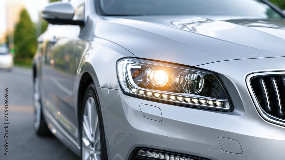 Fototapeta premium Close-up of a modern silver car's illuminated headlight and grille on the road