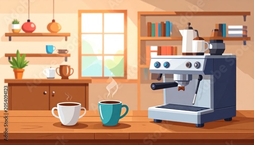 Cozy Kitchen Scene with Espresso Machine and Steaming Coffee Cups.
